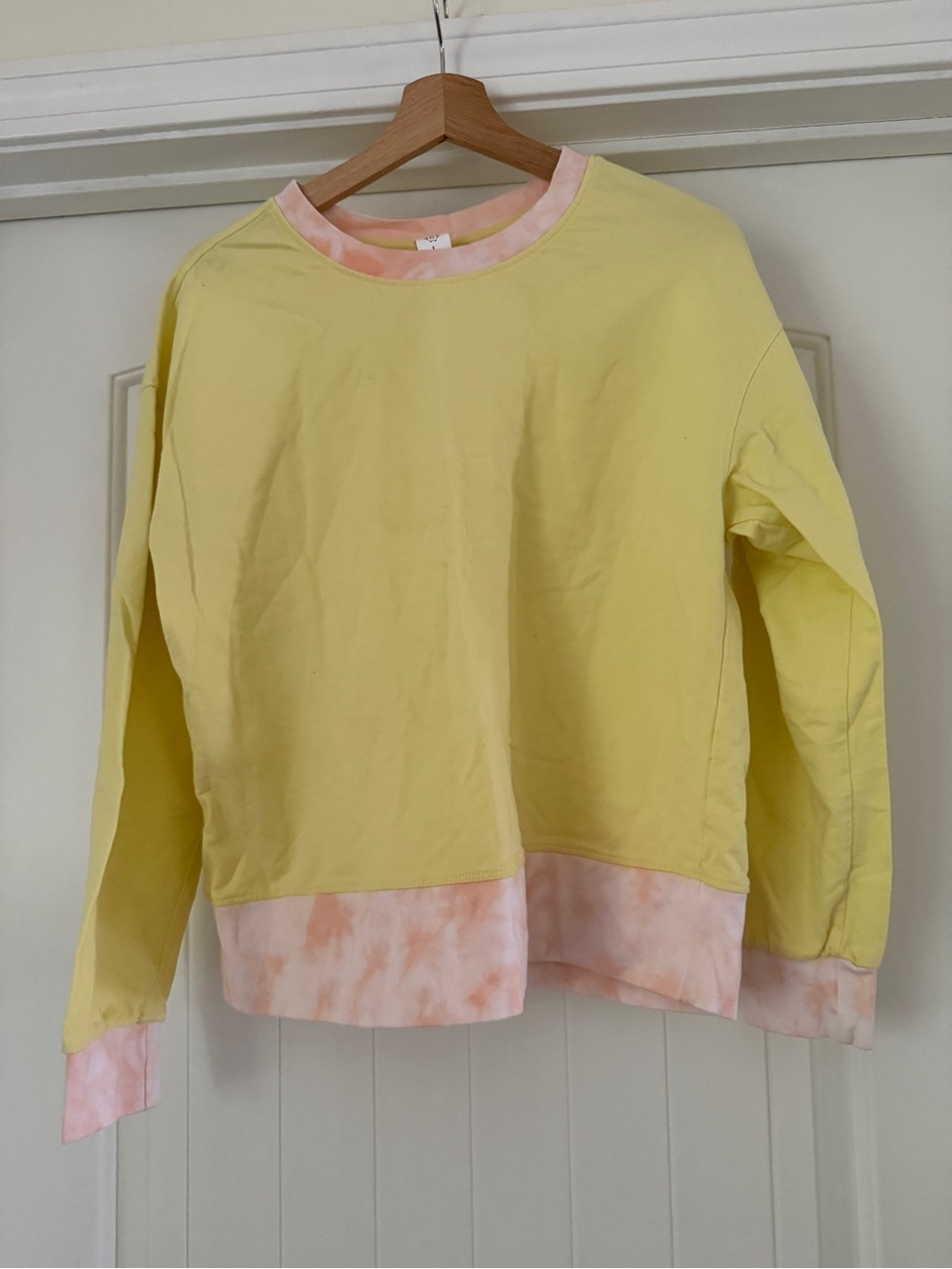 Yellow Crewneck Sweatshirt with Pink Tie-Dye Trim